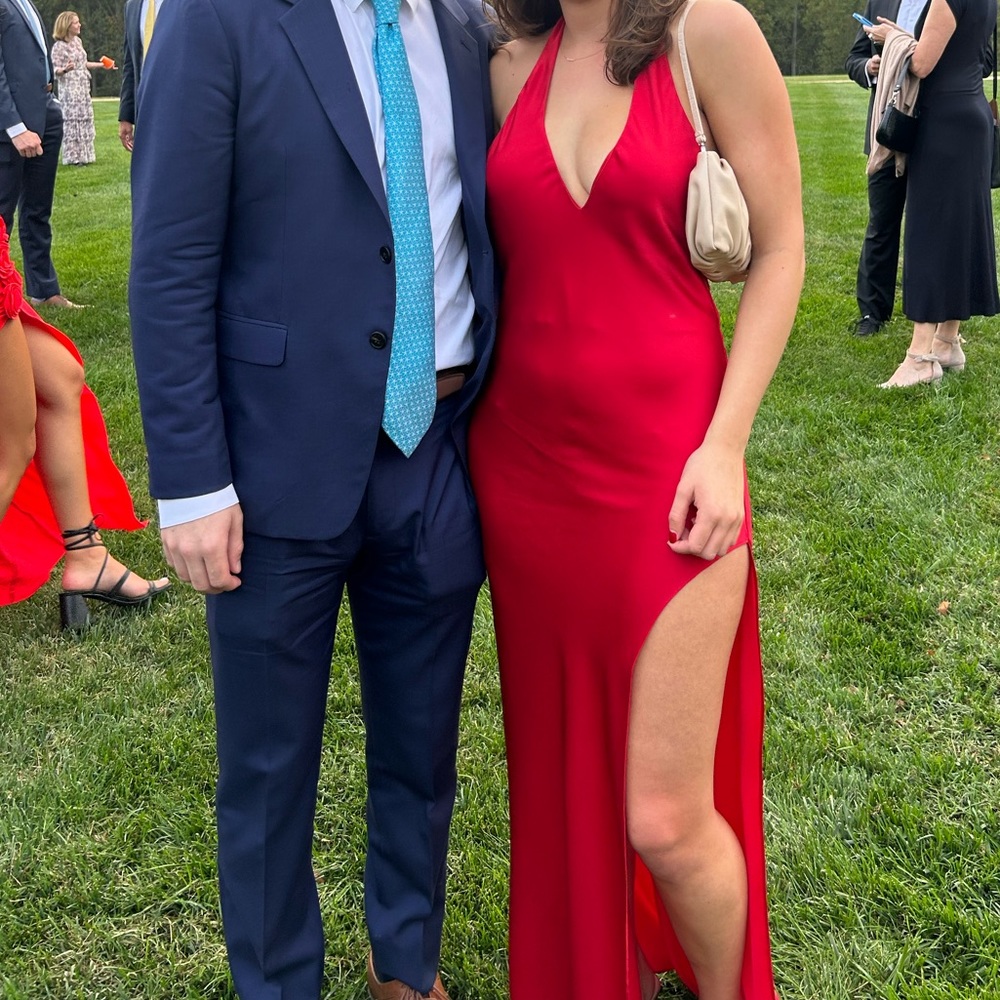 Reformation Red Silk Halter Maxi Dress with Slit